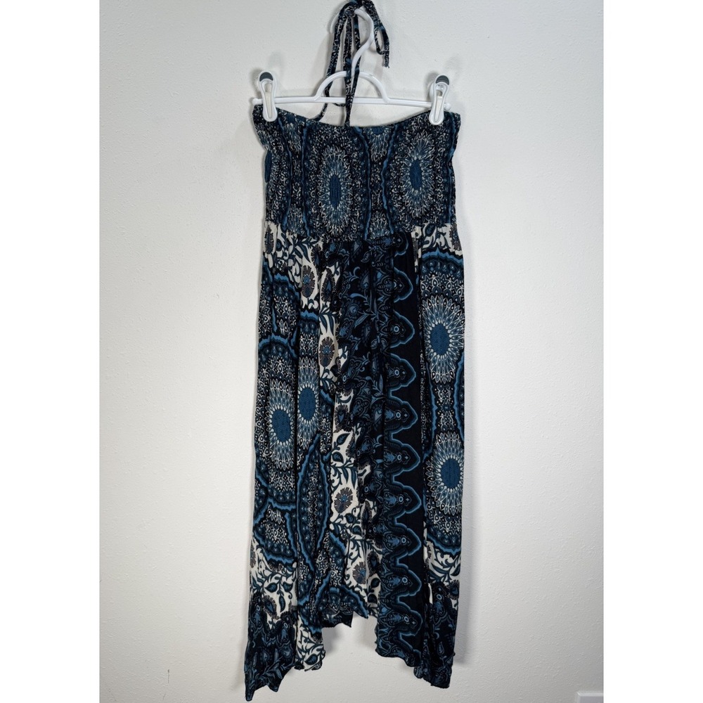 Mexicali Blues Dress Womens One Size Smocked Halter Mandala Blue Boho Beach
